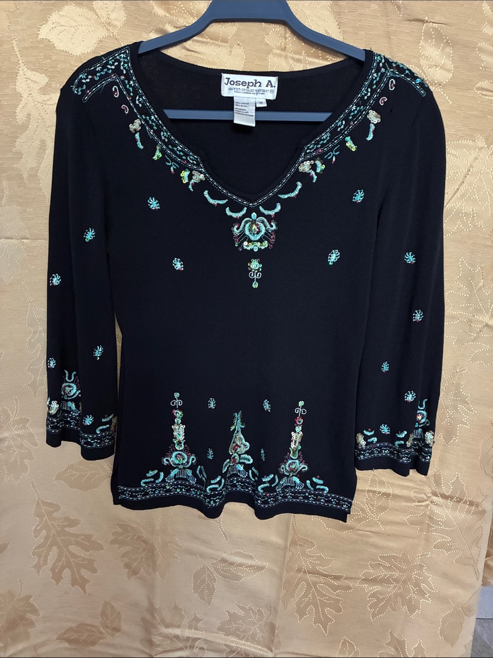 Joseph Embroidered Black Long-Sleeve V-Neck Top with Teal Accents a beautiful to